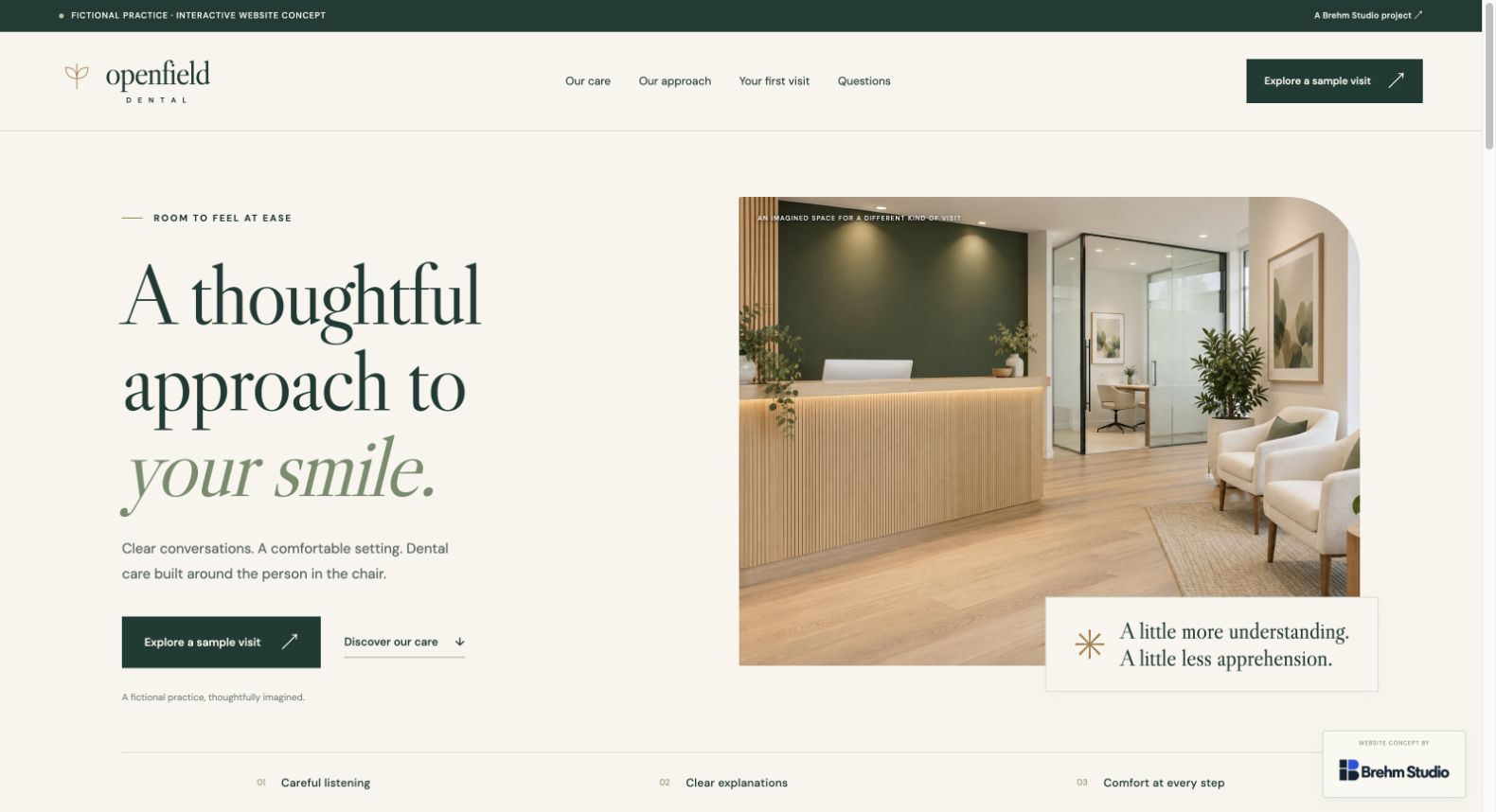 Actual Openfield Dental homepage: clear navigation, a calm reception image, service introduction, and an invitation to explore a sample visit