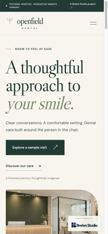 Actual Openfield Dental mobile homepage with compact navigation, readable introduction, and sample-visit button